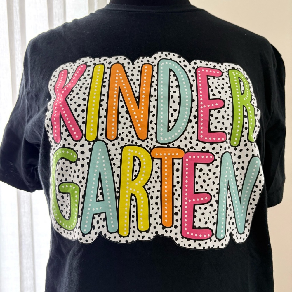 Black Teacher T-Shirt with Colorful Kindergarten Print